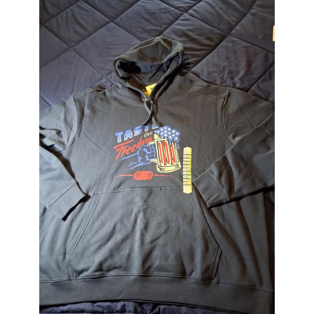 Duluth Trading Co Mens 3XL Relaxed Fit Taste The Freedom Beer Pocket Hoodie Navy